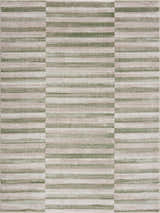 Close-up of the Liverpool Broken-Striped Area Rug. Ivory, off-white, and olive stripes create a contemporary pattern. Design-Rectangle
