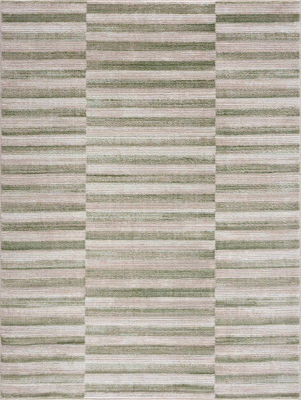 Close-up of the Liverpool Broken-Striped Area Rug. Ivory, off-white, and olive stripes create a contemporary pattern. Design-Rectangle