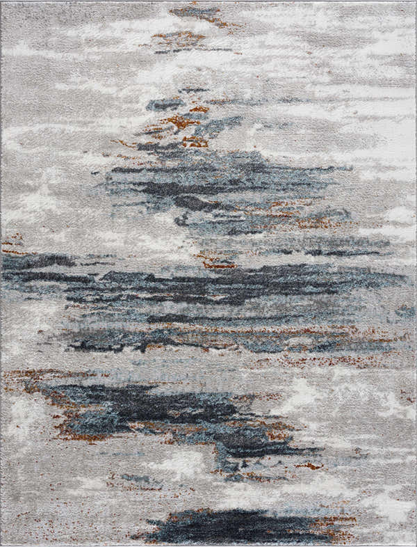 Close-up of the Liverpool Area Rug, a colorful contemporary rug with a horizontal abstract pattern in gray, blue, and rust. Design-Rectangle