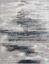 Close-up of the Liverpool Area Rug, a colorful contemporary rug with a horizontal abstract pattern in gray, blue, and rust. Design-Rectangle