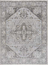 Close-up of the Liverpool Light Gray Area Rug, featuring a traditional, charcoal and light gray medallion pattern. Design-Rectangle