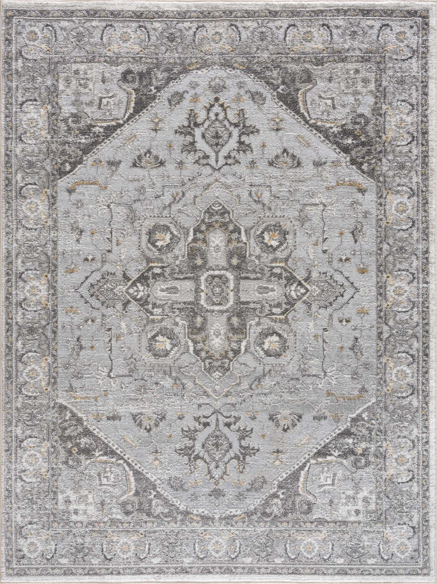 Close-up of the Liverpool Light Gray Area Rug, featuring a traditional, charcoal and light gray medallion pattern. Design-Rectangle