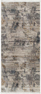 Close-up of the Asuna Area Rug, a contemporary rug in beige, brown, and gray with a distressed, abstract pattern. Design-Runner-279