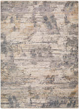Close-up of the Asuna Area Rug. Contemporary design with beige, gray, and brown tones. Machine woven polyester rug. Design-Rectangle-579