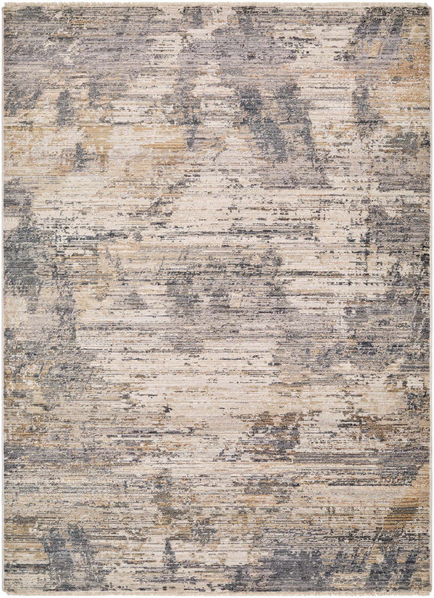 Close-up of the Asuna Area Rug. Contemporary design with beige, gray, and brown tones. Machine woven polyester rug. Design-Rectangle-579