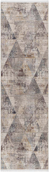 Close-up of the Birdy Area Rug featuring a contemporary geometric triangle pattern in beige, brown, and gray tones. Design-Runner-279