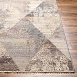 Close-up of the Birdy Area Rug showcasing its beige, brown, and gray geometric pattern and soft, textured weave on wood floor. Front