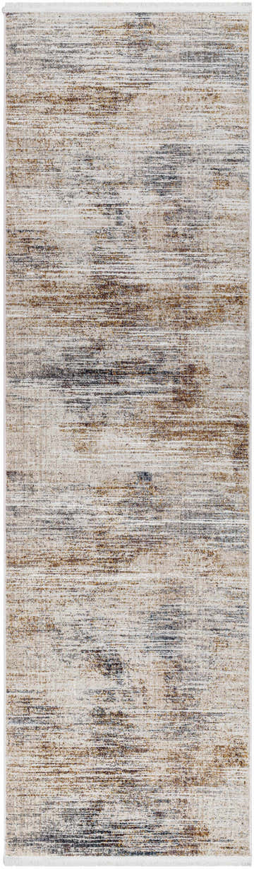 Close-up of the Carol Luxe Rug with Fringes. Beige, charcoal, and tan hues create a contemporary, faded driftwood design. Design-Runner-279