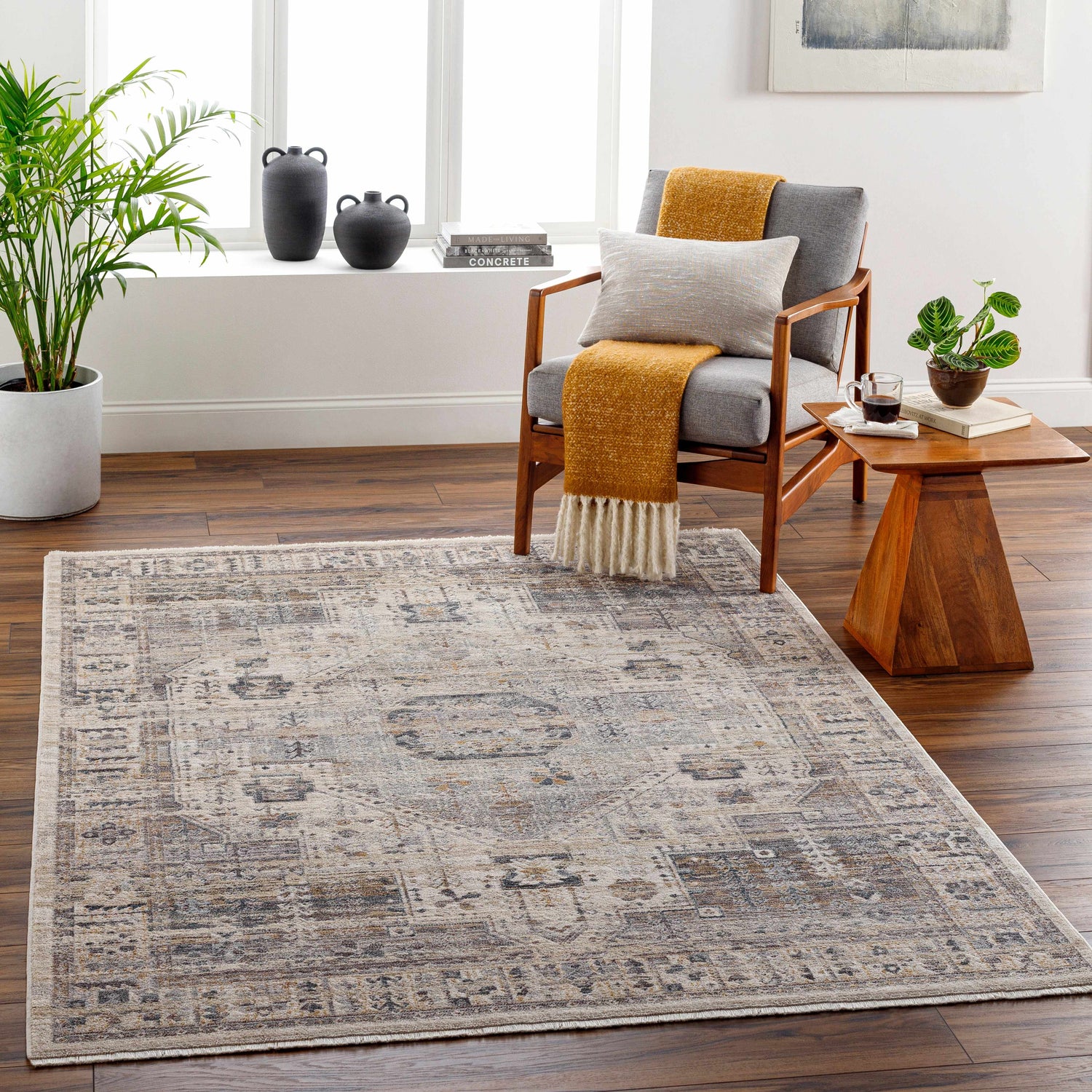 Living room scene with a traditional Iiona Area Rug in brown, gray, and taupe tones on hardwood floors. Modern farmhouse style. Roomscene-Rectangle