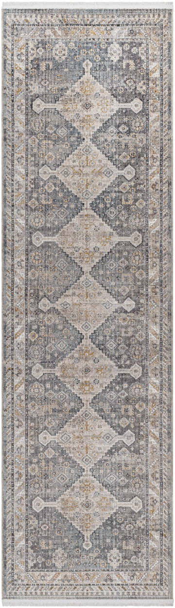 Close-up of the Lyam Luxe Rug, a beige and gray runner with a Southwestern diamond pattern and subtle fringe. Design-Runner-279