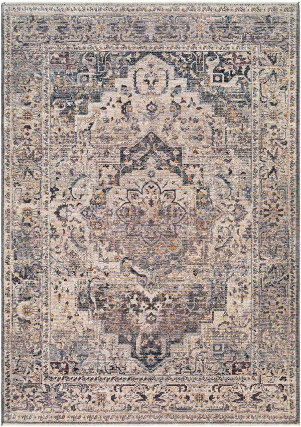 Detailed beige Rada Area Rug with traditional charcoal and camel floral pattern. Machine woven texture. Design-Rectangle-579