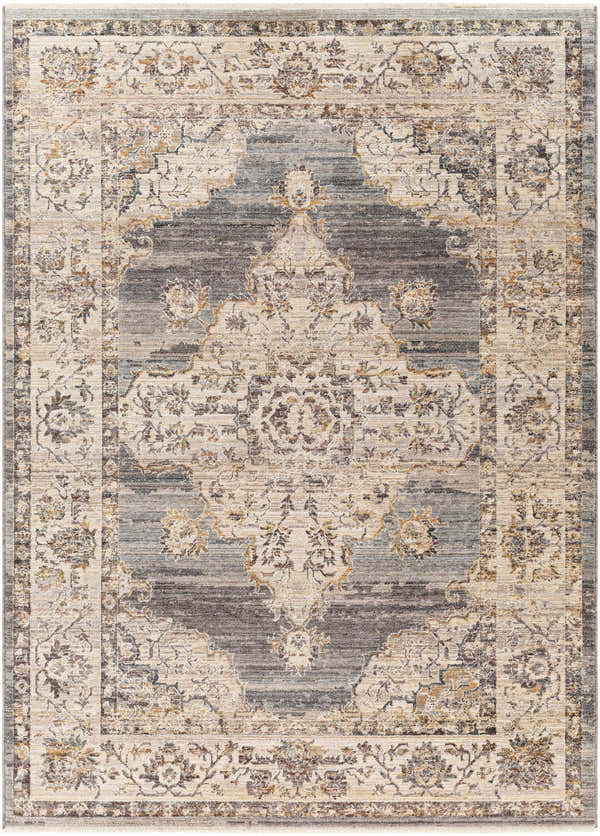 Close-up of the Crea Gray Zola Area Rug. Traditional floral pattern in charcoal, gray, ivory, and tan. Machine woven polyester rug. Design-Rectangle-579
