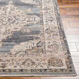 Close-up of the Crea Gray Zola Area Rug showing its traditional pattern, soft texture, and colors like gray, ivory, and tan. Front