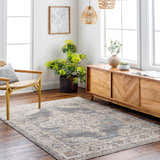 Living room scene with a Crea Gray Zola Area Rug, wood floors, cabinet, chair, plants, and natural light. Roomscene-Rectangle