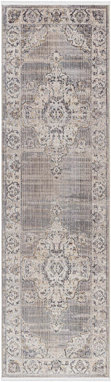 Close-up of the Cream Brown Zola Area Rug, a traditional runner rug with beige, gray, and charcoal floral patterns. Design-Runner-279