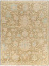 Hand knotted Tan Amiri Area Rug featuring a traditional floral pattern in taupe, blue, and dusty sage. Design-Rectangle-912