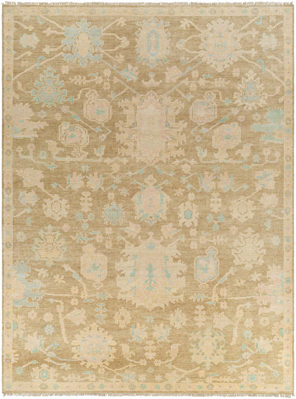 Hand knotted Tan Amiri Area Rug featuring a traditional floral pattern in taupe, blue, and dusty sage. Design-Rectangle-912