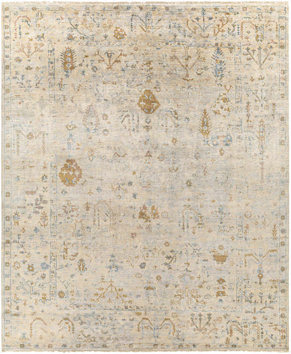 Close-up of the Sackville Premium Area Rug. Hand-knotted rug with beige, blue, and mustard tones in an oriental pattern. Design-Rectangle-810