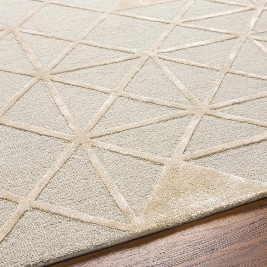 Close up of the Botiu Blue Geometric rug showing the hand tufted wool texture and geometric pattern. Texture