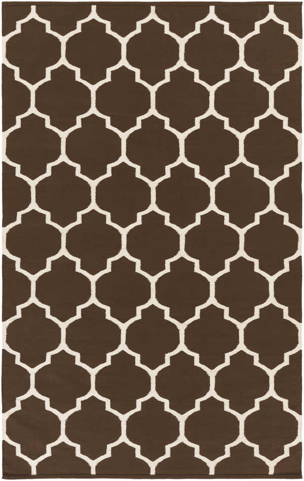 Close-up of the Ragan Brown Trellis Cotton Rug featuring a geometric ivory trellis pattern on a dark brown background. Design-Rectangle-58