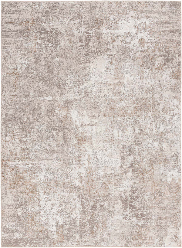 Close-up of the Bruna Area Rug featuring a contemporary design in cloud gray, ivory, and multi brown tones. Design-Rectangle-5373
