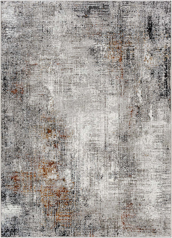 Close-up of the Ervin Gray Area Rug. Machine-woven polyester with a contemporary abstract pattern in black, charcoal, ivory, and rust. Design-Rectangle-5373