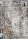 Close-up of the Ervin Gray Area Rug. Machine-woven polyester with a contemporary abstract pattern in black, charcoal, ivory, and rust. Design-Rectangle-5373