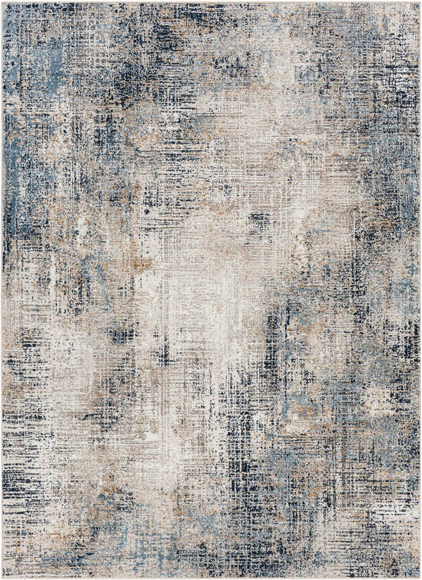Close-up of the Ervin Blue Area Rug, featuring a distressed abstract pattern in ivory, navy, brown, and gray tones. Design-Rectangle-5373
