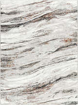 Close-up of the Glain Gray & Brown Marble Area Rug, featuring an abstract, swirling pattern in arctic stone, gray, and brown tones. Design-Rectangle-5373