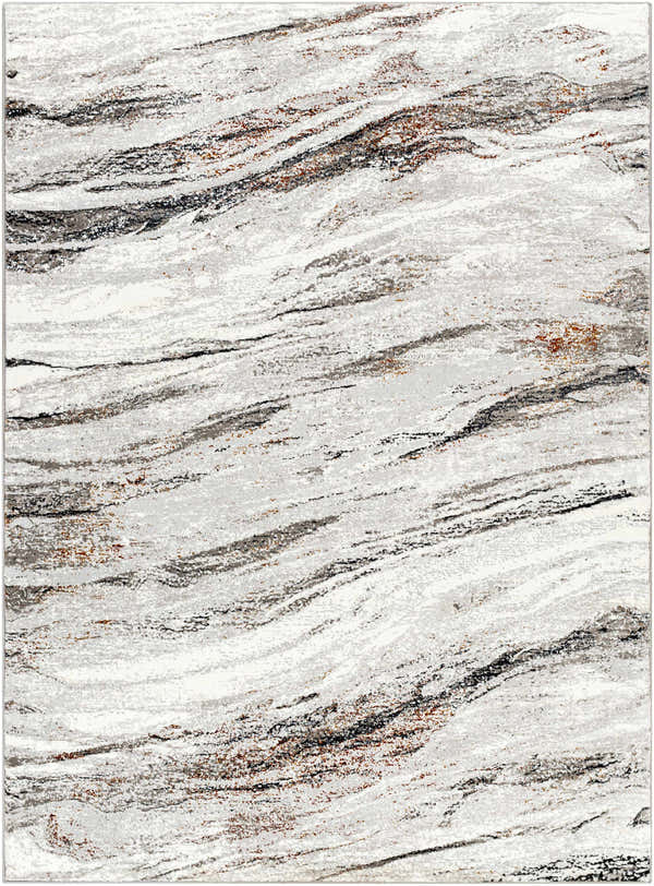 Close-up of the Glain Gray & Brown Marble Area Rug, featuring an abstract, swirling pattern in arctic stone, gray, and brown tones. Design-Rectangle-5373