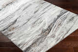 Close-up of Glain Gray & Brown Marble Area Rug showing its abstract, striated pattern and neutral tones on dark wood floor. Corner