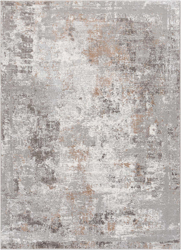 Close-up of the Honi Area Rug, a contemporary design with charcoal, gray, ivory, and nutmeg colors. Design-Rectangle-5373