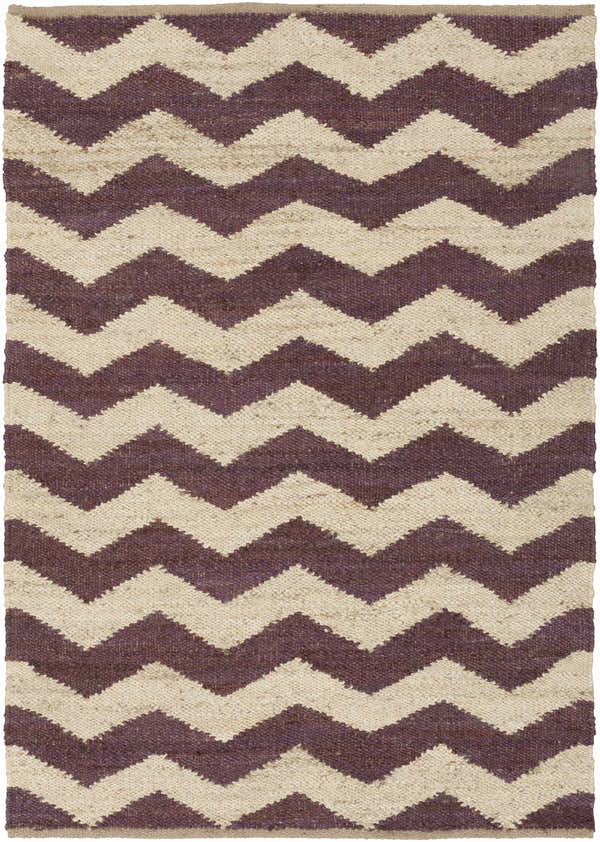 Close-up of Saginaw Jute Carpet featuring a beige and dark purple chevron pattern. Hand-woven texture. Farmhouse style. Design-Rectangle-576