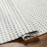 Close up of the Bence Cream & Gray Area Rug showing the woven texture and subtle geometric pattern. Fold
