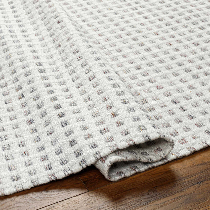Close up of the Bence Cream & Gray Area Rug showing the woven texture and subtle geometric pattern. Fold