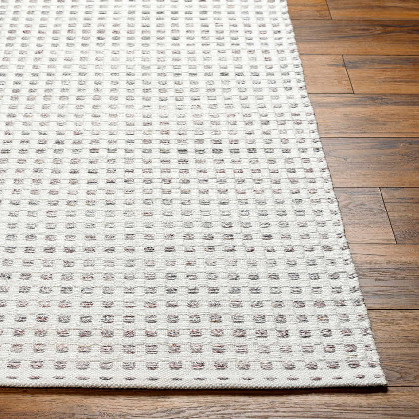 Close-up of the hand-woven Bence Cream & Gray Area Rug showing its textured, geometric pattern and neutral color palette. Front