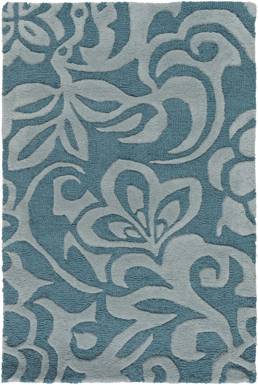 Close-up of the Salado Area Rug. Teal background with a medium gray floral pattern. Hand-tufted wool runner rug. Design-Rectangle-23