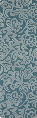 Close-up of the Salado Area Rug. Teal background with a medium gray floral and leaf pattern. Hand-tufted wool texture. Design-Runner-268