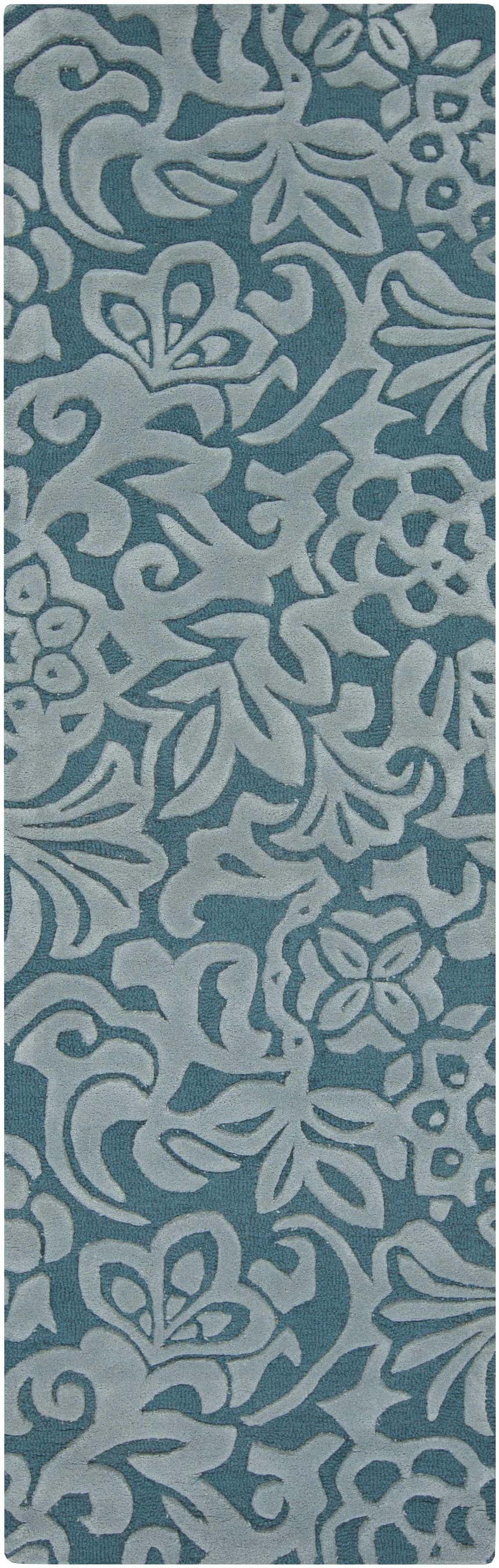 Close-up of the Salado Area Rug. Teal background with a medium gray floral and leaf pattern. Hand-tufted wool texture. Design-Runner-268