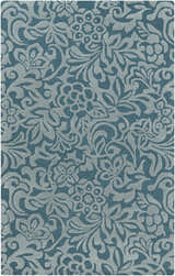 Close-up of the Salado Area Rug. Teal background with a medium gray floral and leaf pattern. Hand-tufted 100% wool runner rug. Design-Rectangle-58