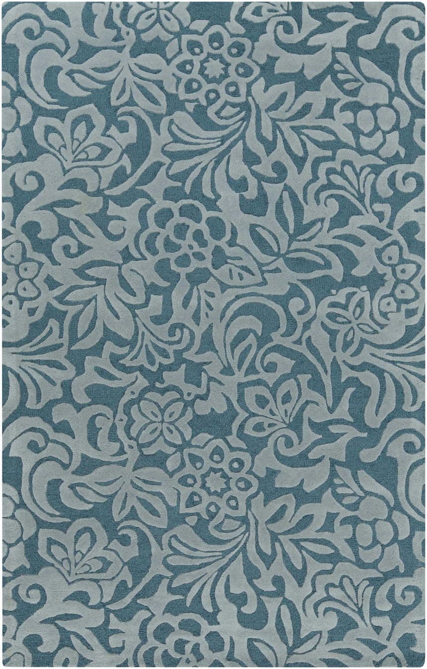 Close-up of the Salado Area Rug. Teal background with a medium gray floral and leaf pattern. Hand-tufted 100% wool runner rug. Design-Rectangle-58
