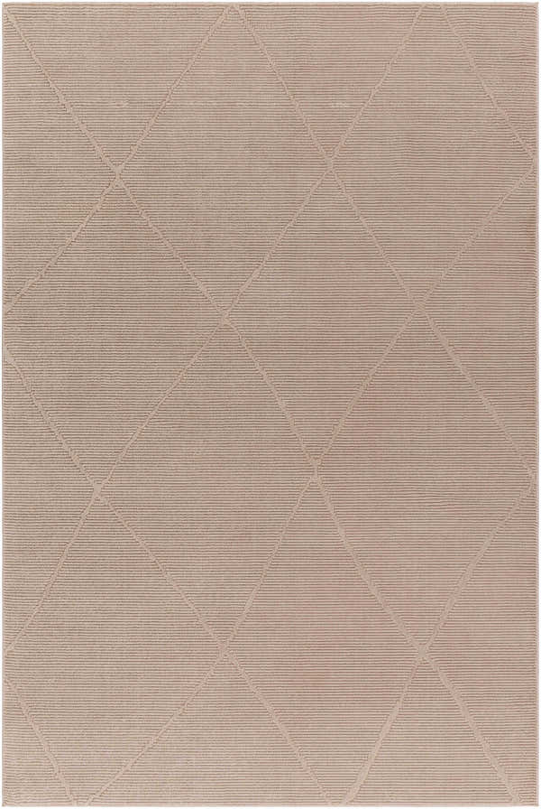 Close up of the Aldis Tan Plush Textured Washable Rug featuring a subtle diamond pattern. Design-Rectangle-537