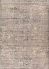 Close-up of the Chiyo Tan Plush Textured Washable Rug, featuring a horizontal stripe pattern in tan, cream, and charcoal. Design-Rectangle-537