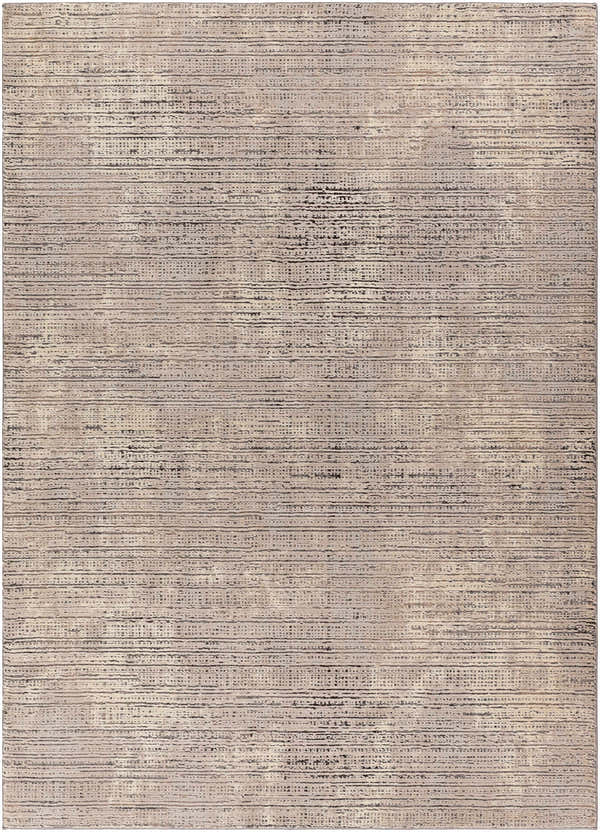 Close-up of the Chiyo Tan Plush Textured Washable Rug, featuring a horizontal stripe pattern in tan, cream, and charcoal. Design-Rectangle-537