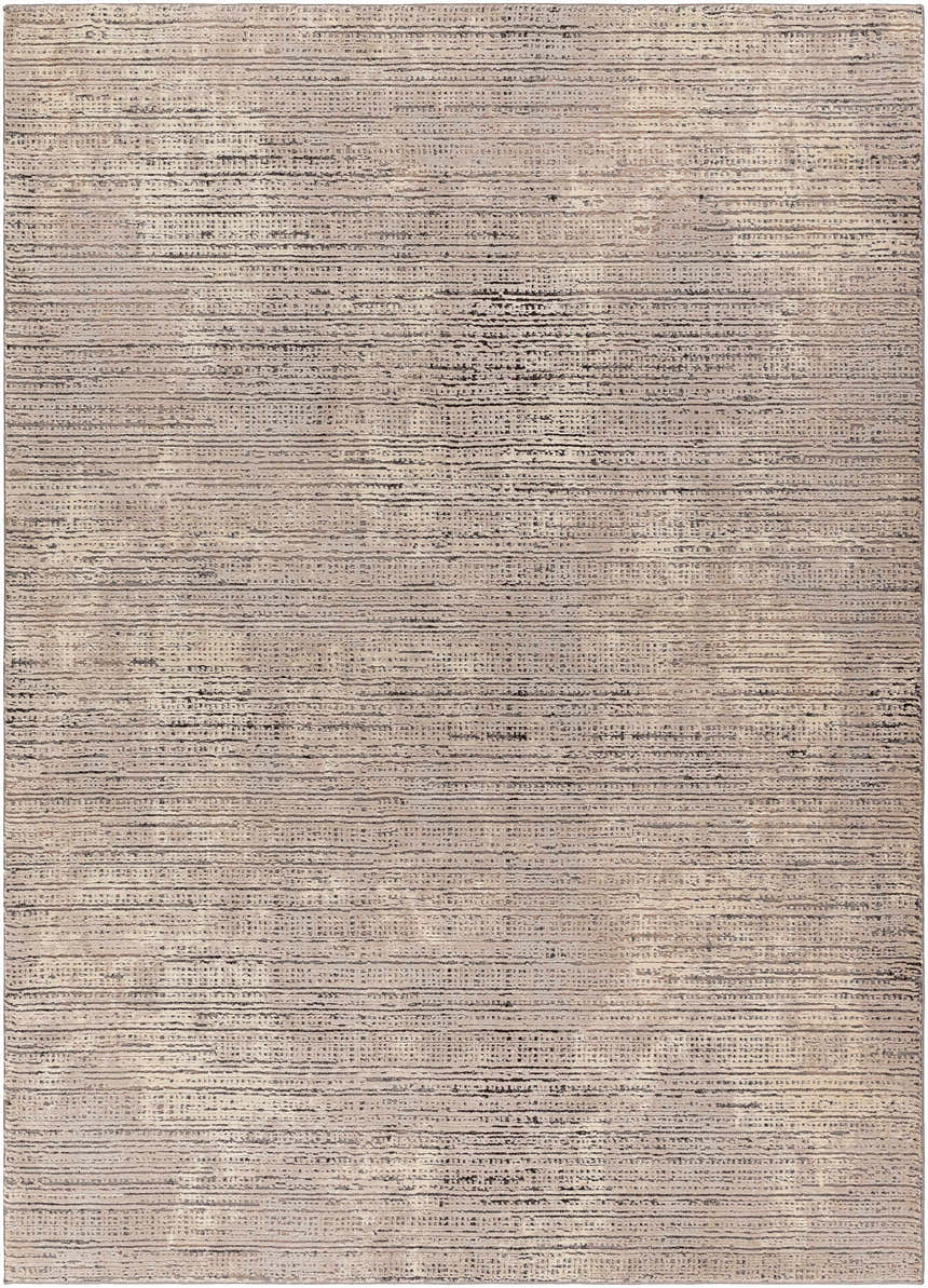 Close-up of the Chiyo Tan Plush Textured Washable Rug, featuring a horizontal stripe pattern in tan, cream, and charcoal. Design-Rectangle-537