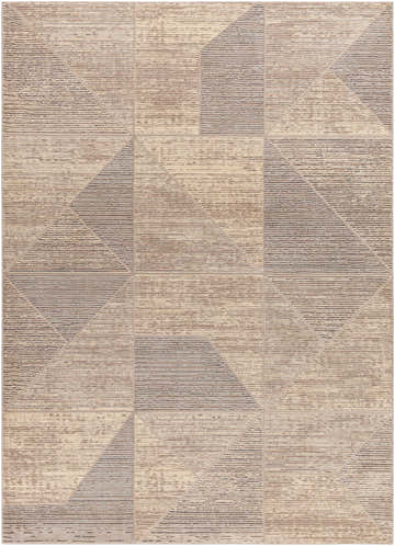 Close-up of Elana Washable Area Rug. Contemporary geometric design in cream, tan, gray, and brown hues. Design-Rectangle-537