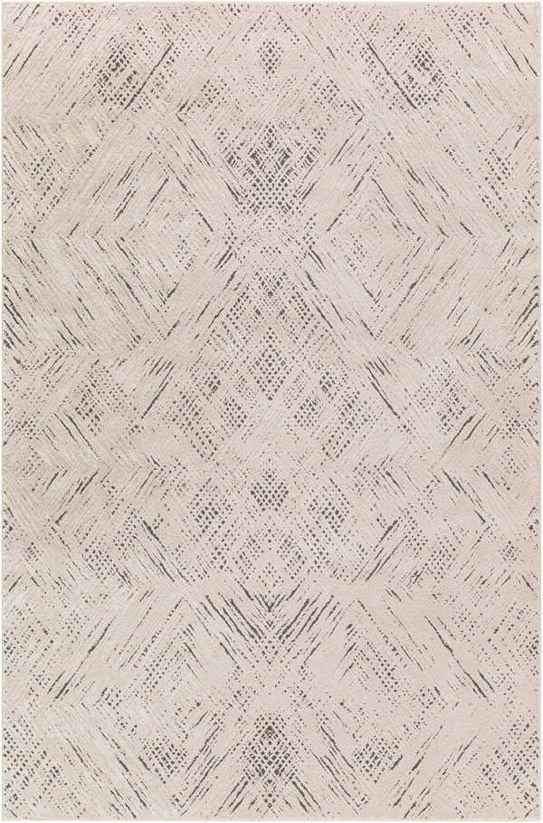 Close-up of Garza Diamond Textured Washable Rug. Beige and gray rug features a contemporary diamond pattern. Design-Rectangle-4117