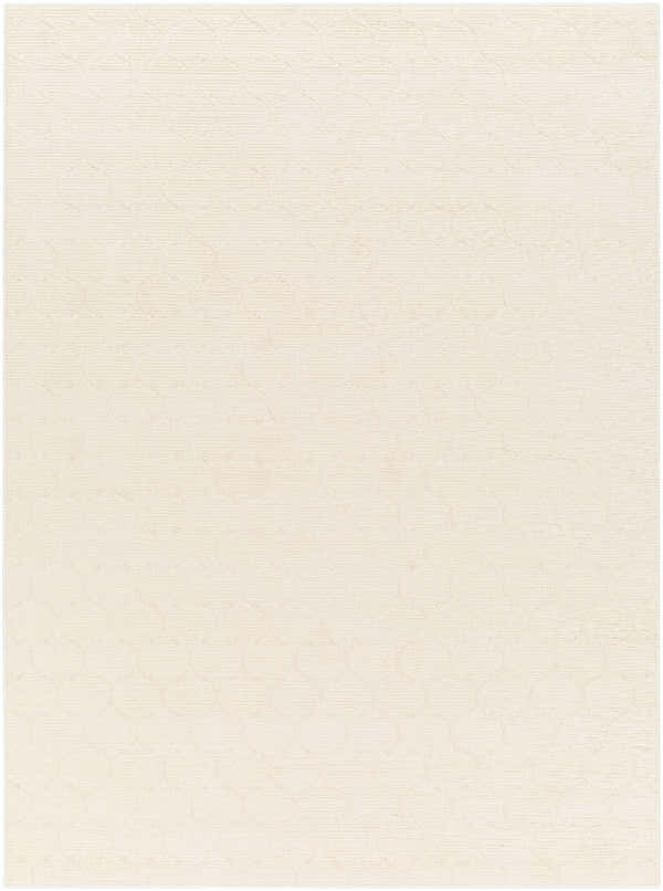 Close-up of the Gwen Washable Area Rug in White Tonal featuring a subtle geometric circle pattern and textured weave. Design-Rectangle-4117