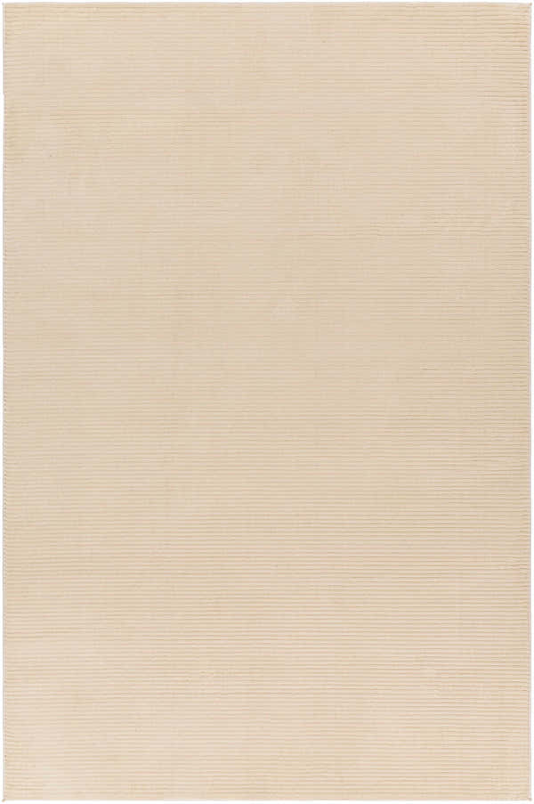 Close-up of the Mimi Cream 3D Washable Rug. The rug has a subtle horizontal stripe texture in a soft lambswool color. Design-Rectangle-537