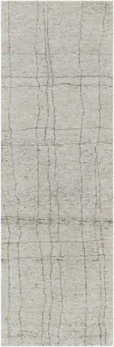 Close-up of the Saldanha Premium Rug, a hand-knotted rug in charcoal, gray, and light gray with a contemporary design. Design-Runner-268